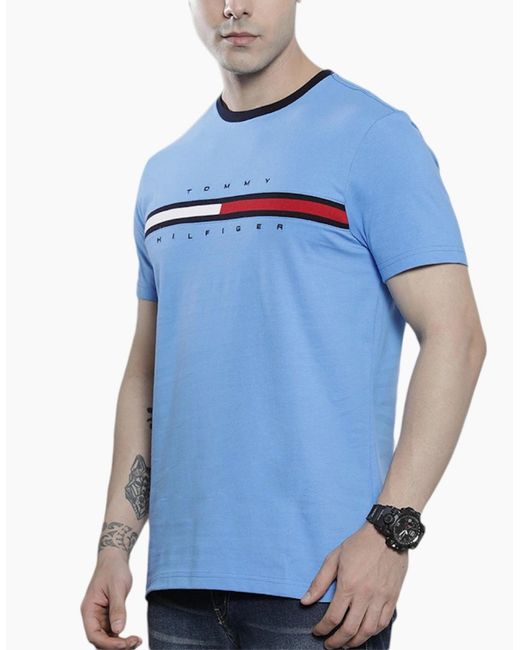 Tommy Hilfiger Blue T Shirts Crew Neck Signature Stripe Summer Cotton Tino Tee for men