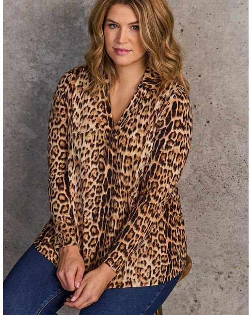 Live Unlimited London Brown Animal Print Long Sleeve Jersey Polo Neck Top