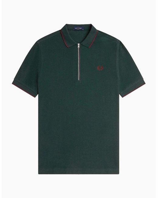 Fred Perry Green Crepe Pique Zip Neck Polo Shirt for men