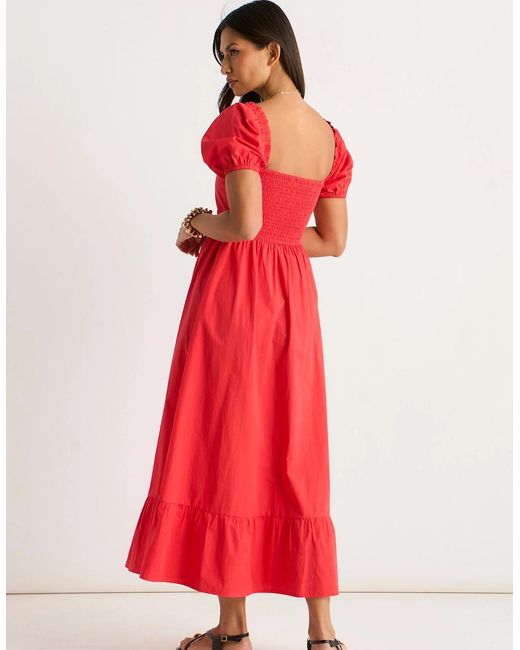 Gini London Red Gypsy Puff Sleeves Cotton Midaxi Dress