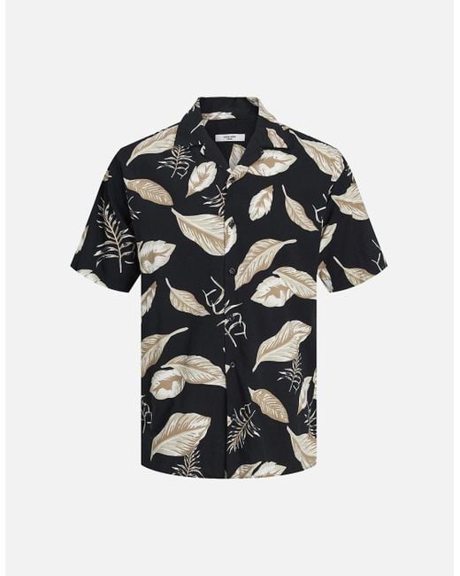 Jack & Jones Black Bladrew Print Resort Short Sleeve Shirt for men