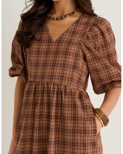 Gini London Brown Cotton Puff Sleeves V Neck Midi Dress