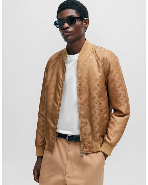 Boss Brown Geometric Patterned Ribbed Cuff Bomber Jacket for men