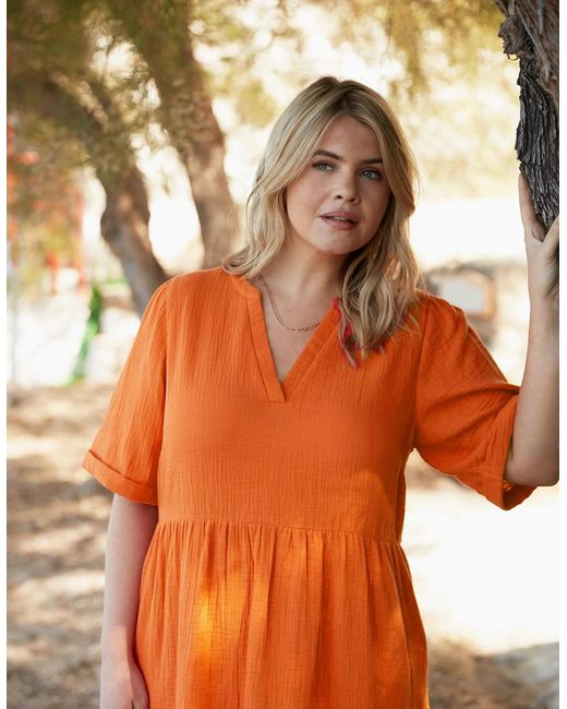 Live Unlimited London Orange Cotton Crinkle Tiered Dress