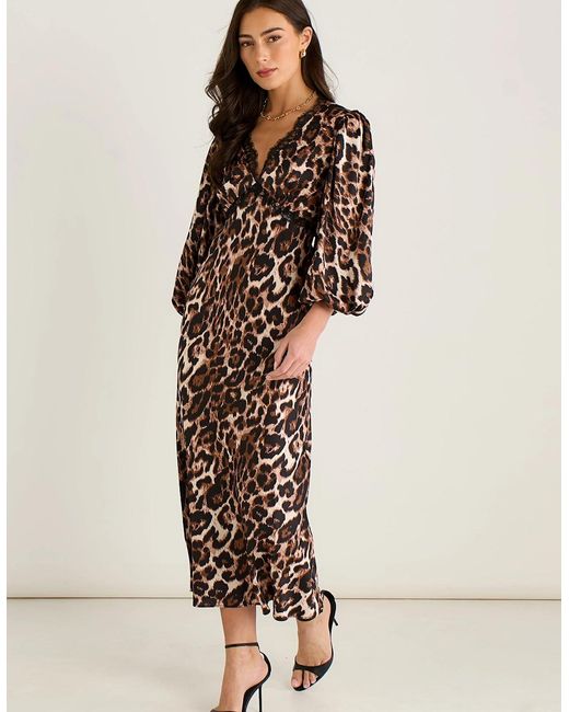 Gini London Multicolor Animal Lace Trim Satin Bias Midi Dress