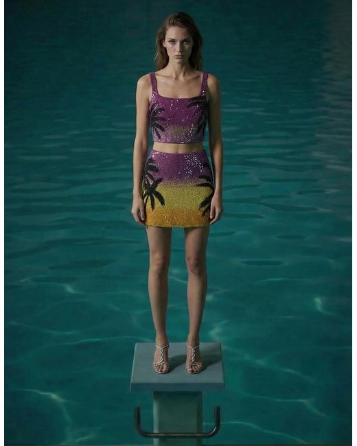 Oceanus Purple Palm Dusk Beaded Mini Skirt