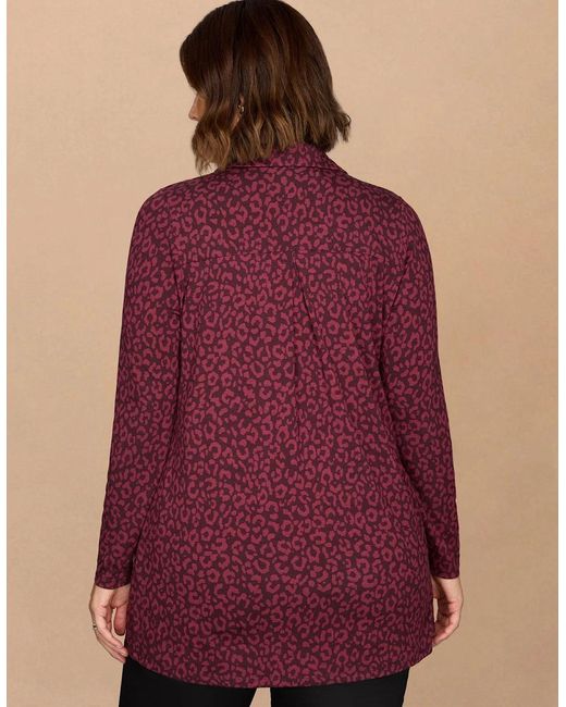Live Unlimited London Purple Burgundy Animal Print Jersey Polo Collar Tunic