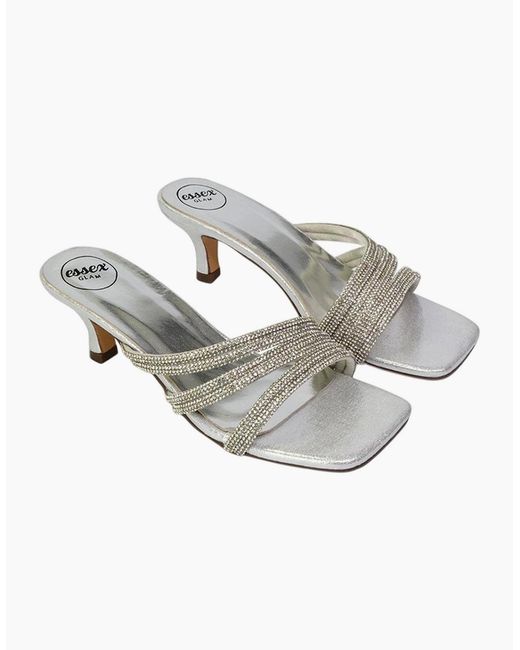 XY London Gray Ladies Sparkle Diamante Square Toe Mule Sandals