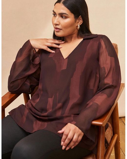 Live Unlimited London Brown Chocolate Abstract Print V Neck Collared Tunic