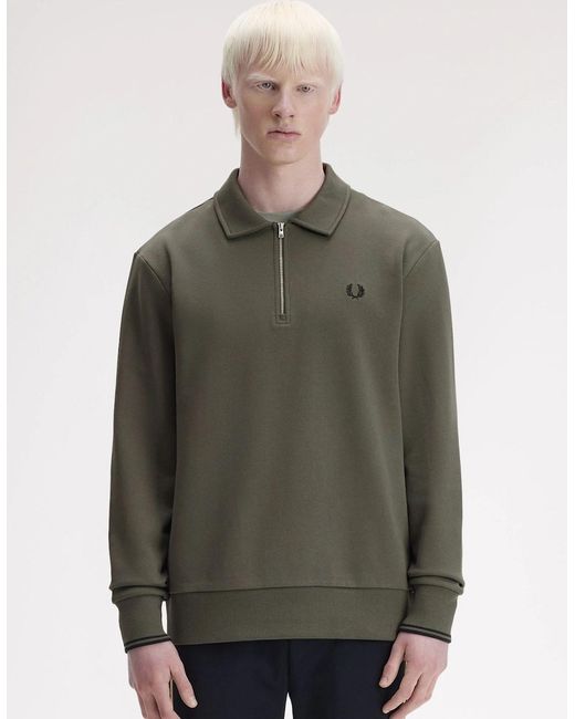 Fred Perry Green M2426 Half Zip Collared Sweatshirt for men