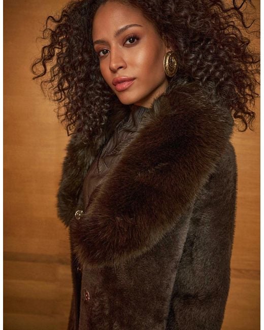 Joseph Ribkoff Brown Feather Yarn Knit Coat With Detachable Fur Collar