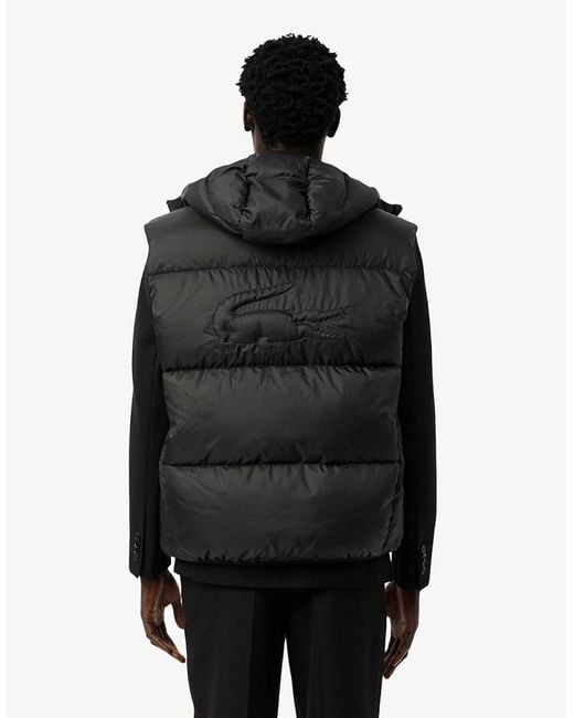 Lacoste Black Solid Patterned Embossed Logo Hooded Puffer Coat for men