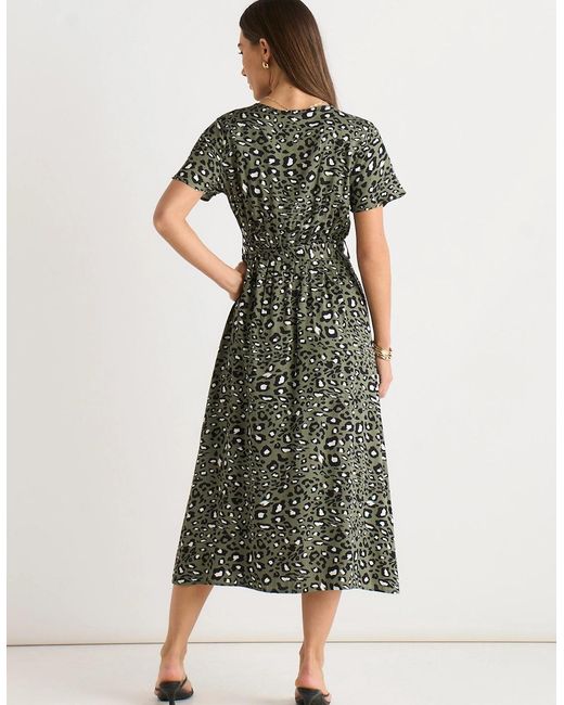 Gini London Green Khaki Viscose Short Sleeve Animal Print Wrap Front Midi Dress