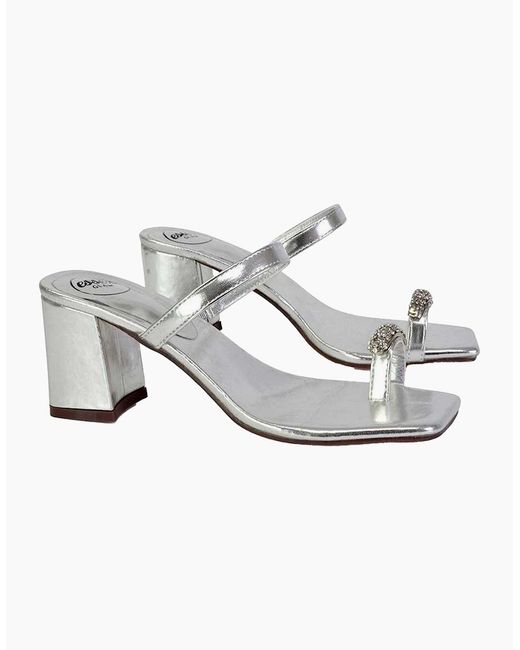 XY London White Ladies Daiquiri Diamante Double Strap Medium Block Heel Mule Sandals