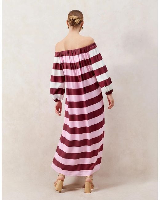 Ro&zo Red Gigi Striped Bardot Maxi Dress