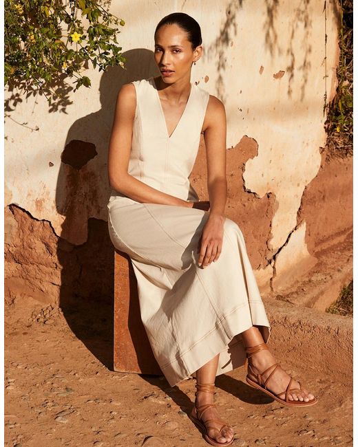 Ro&zo Brown Ecru V-Neck Denim Maxi Dress