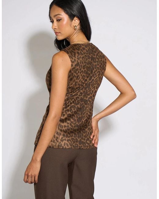 Gini London Brown Animal Print Button Waistcoat Top