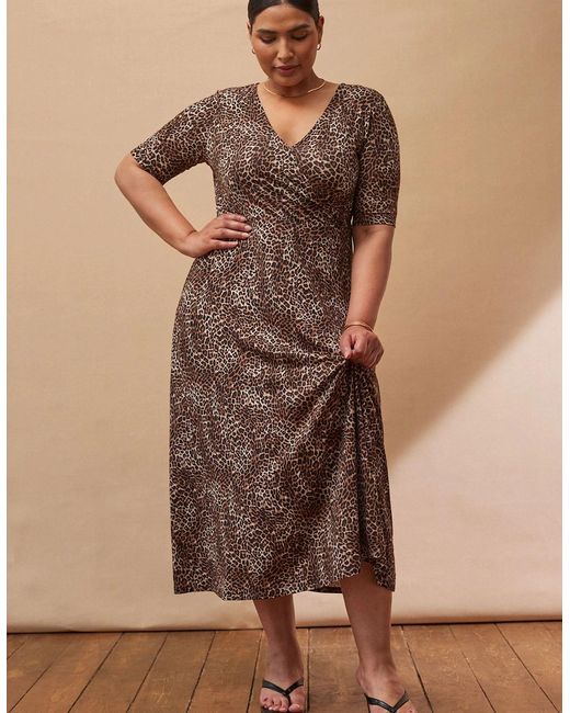 Live Unlimited London Brown Leopard Print Half Length Sleeve Wrap Dress