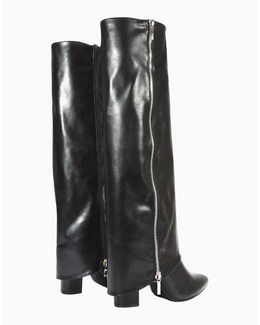 XY London Black Ladies Allie Fold Over Pointed Side Zip Knee-High Boots
