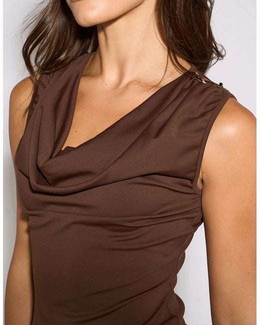 Gini London Brown Button Shoulder Cowl Neck Top