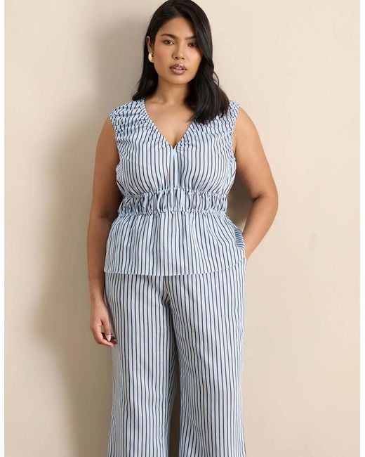 Live Unlimited London Blue And Chocolate Stripe V Neck Elasticated Peplum Top