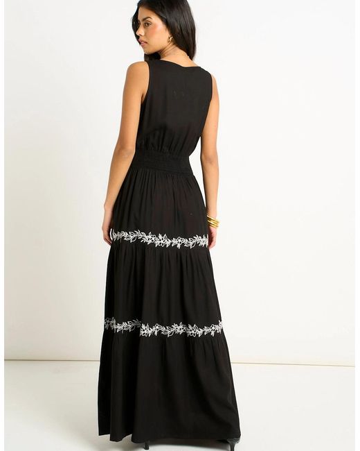 Gini London Black Floral Embroidery Tiered Maxi Dress