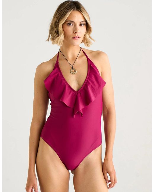 Gini London Purple Ruffle Front Halter Neck Swimsuit