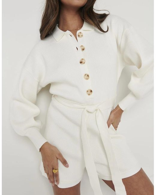 Pretty Lavish White Darcie Balloon Sleeve Knit Playsuit