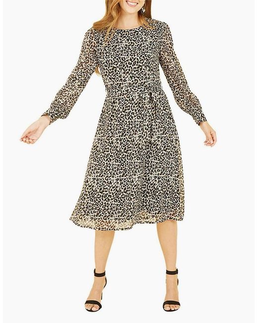 Yumi' Gray Leopard Crew Neck Midi Skater Dress