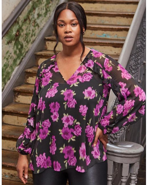 Live Unlimited London Purple Floral Print V Neck Ruffle Blouse