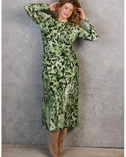 Live Unlimited London Green Animal Abstract Print Ruched Jersey Dress