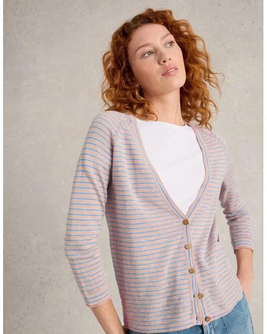 White Stuff Gray Naria Stripe Linen Blend Cardi Natural
