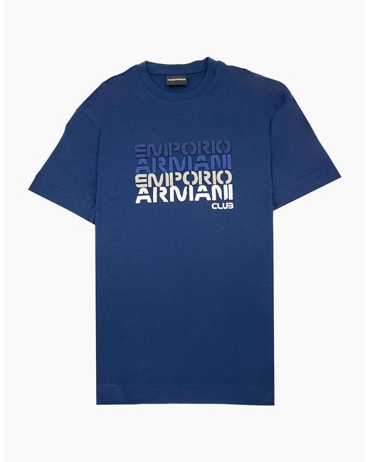 Emporio Armani Blue Tencel Blend T-Shirt With Felt Lettering for men