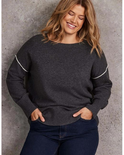 Live Unlimited London Gray Seam Detail Round Neck Jumper With Cashmere