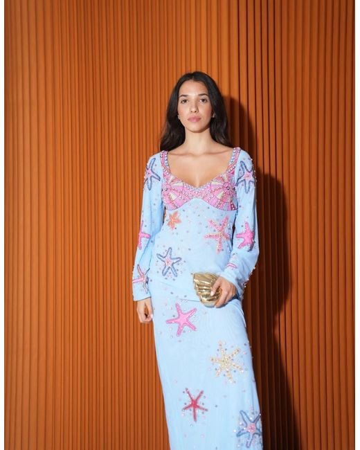 Oceanus Blue Crescent Shell Bell Sleeve Dress