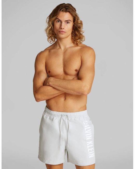 Calvin Klein White Medium Drawstring Side Logo Swim Shorts, Light Cast for men
