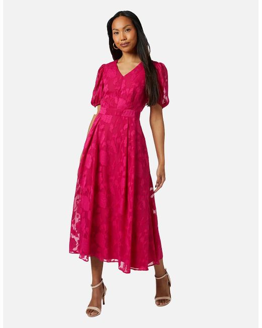 PRINCIPLES Red Ladies Floral Jacquard Puff Sleeve Midi Dress
