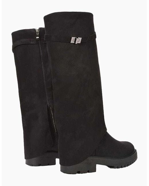XY London Black Ladies Amina Fold Over Knee-High Low Heel Boots