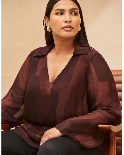 Live Unlimited London Brown Chocolate Abstract Print V Neck Collared Tunic