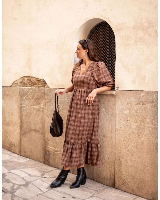 Gini London Brown Cotton Puff Sleeves V Neck Midi Dress