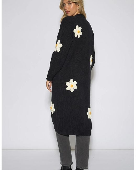 Gini London Black 3D Daisy Flower Longline Cardigan
