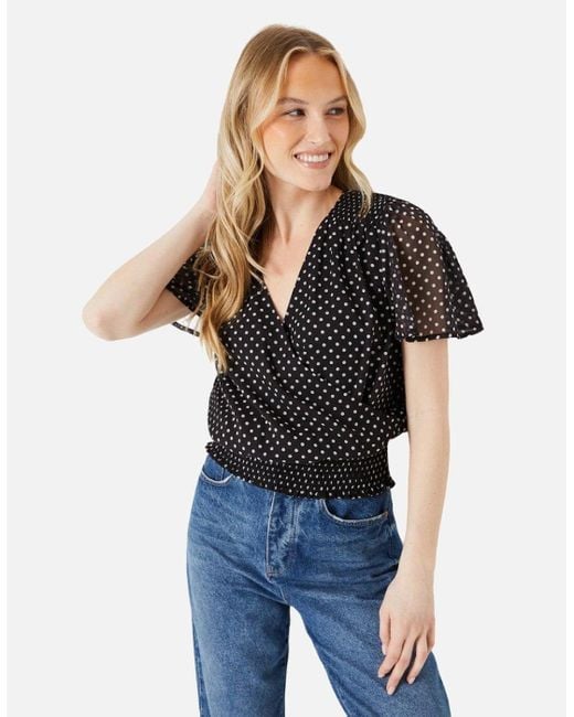 Dorothy Perkins Blue Ladies Polka Dot Chiffon Shirred Hem Blouse