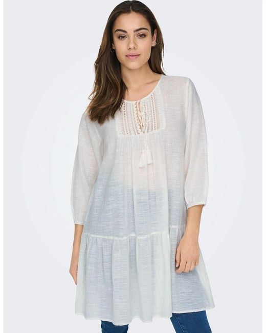 ONLY White Vlfe Lace Tie Neck Mini Tunic Dress