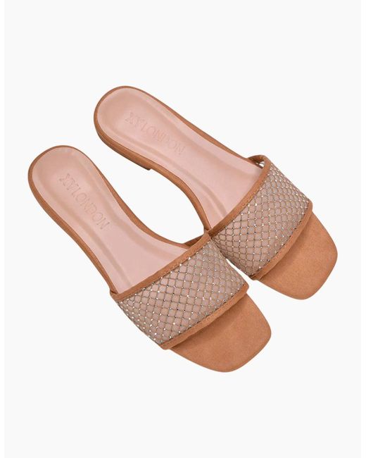 XY London Natural Ladies Gabrielle Diamante Open Toe Flat Sliders