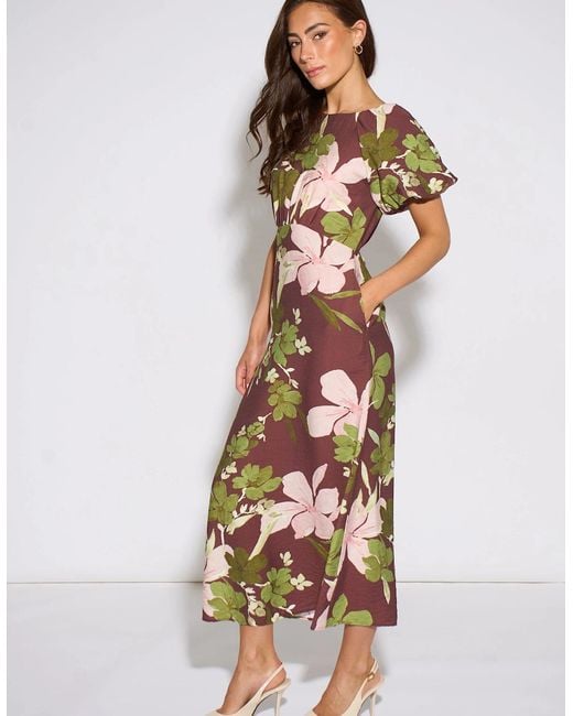 Gini London White Floral Puff Sleeves Midi Dress