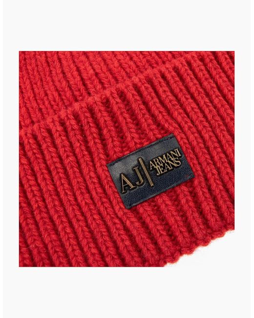 Armani Jeans Red Metal Logo Beanie for men