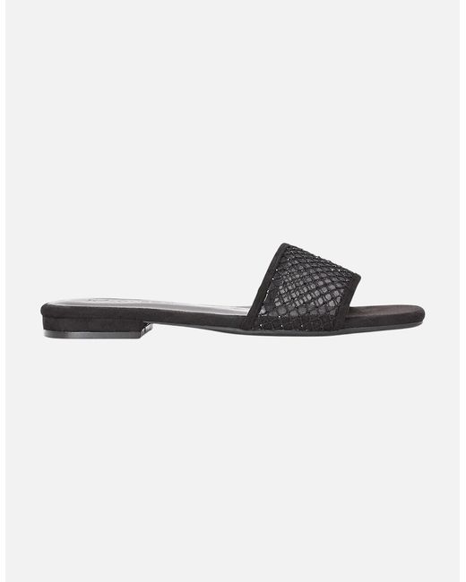 XY London Black Ladies Gabrielle Diamante Open Toe Flat Sliders