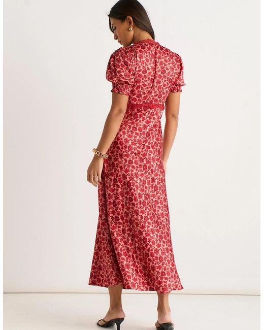 Gini London Red Floral Lace Trim V Neck Midi Dress