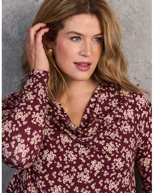 Live Unlimited London Red Ditsy Floral Jersey Cowl Neck Top
