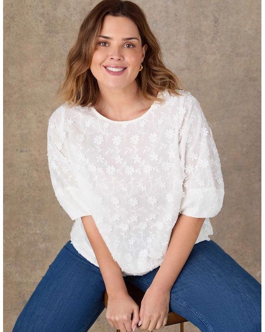 Live Unlimited London White Floral Embroidered Puff Sleeve Blouse